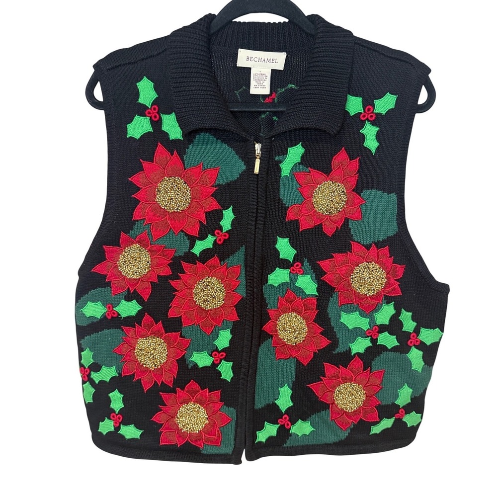 Bechamel Christmas Sweater Vest Large Black Poinsettia Holly Zip Up Knit